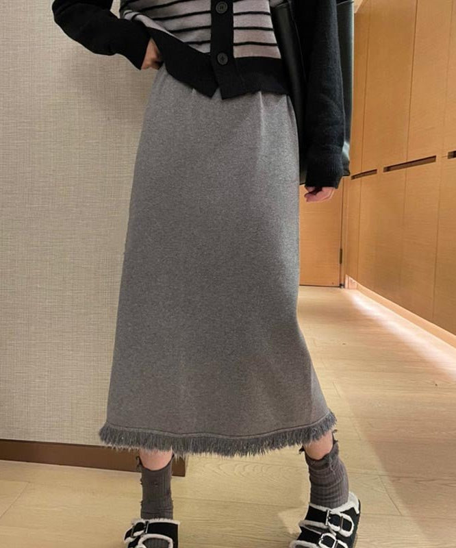 タッセル スリットニット スカート 韓国ファッション - flatoo style（フラトゥースタイル）